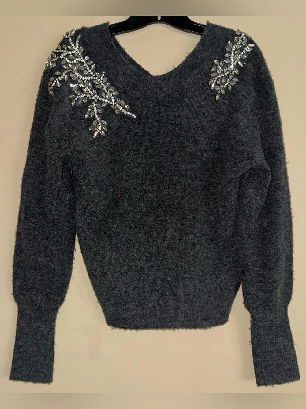 Veronica Beard Valerie Sweater Crystal Embellished Rhinestone Wool Gray Size XS